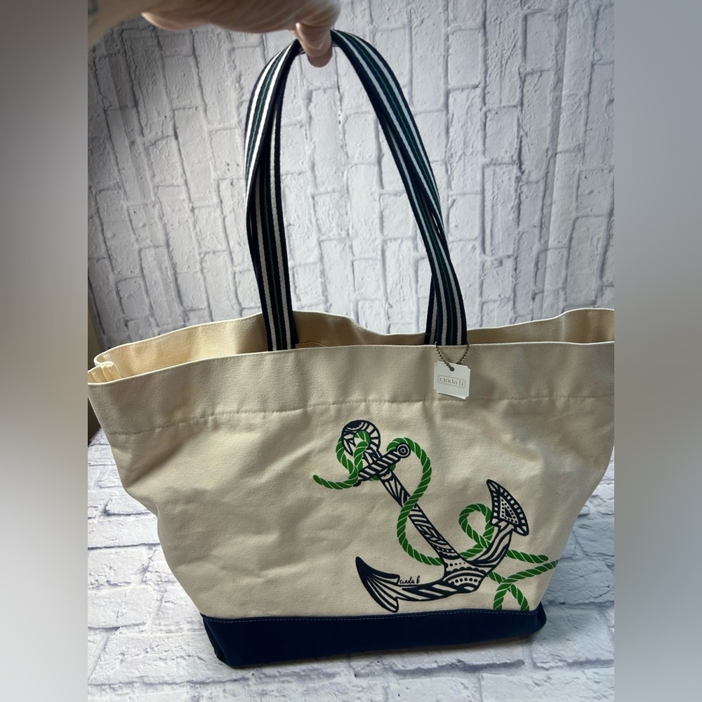 Cinda B Nautical Beige and Blue Anchor Tote Bag. Made in the USA. Beach Bag.
